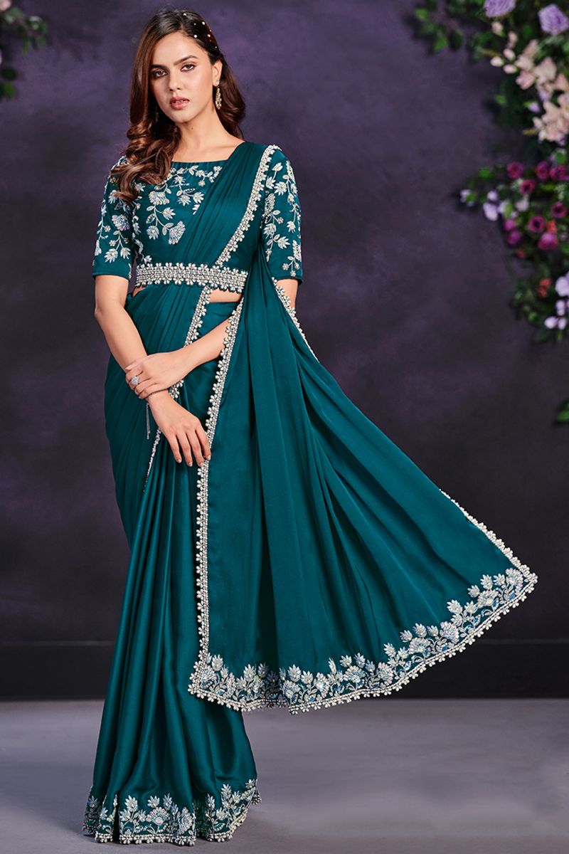 Teal Color Satin Silk Fabric Ready To Wear Saree With Border Work