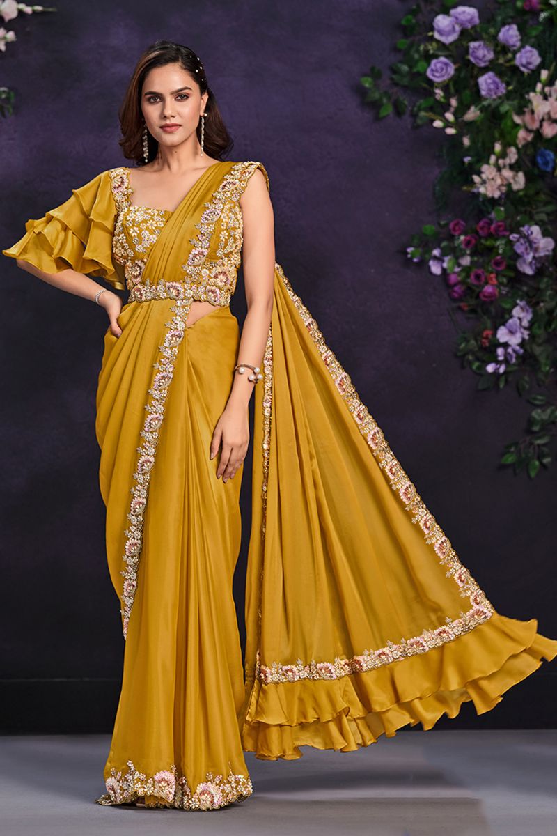 Border Work On Mustard Color Ready To Wear Saree In Satin Silk Fabric