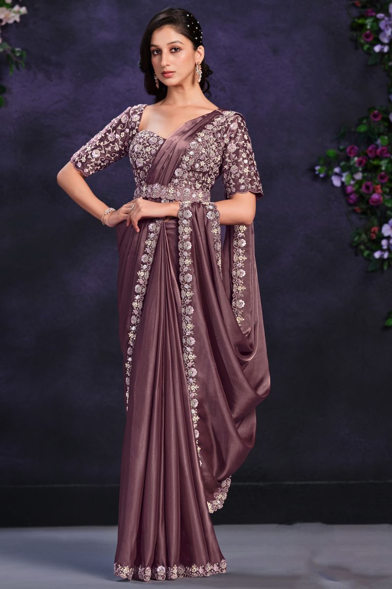 Satin Silk Fabric Brown Color Ready To Wear Saree With Winsome Border Work