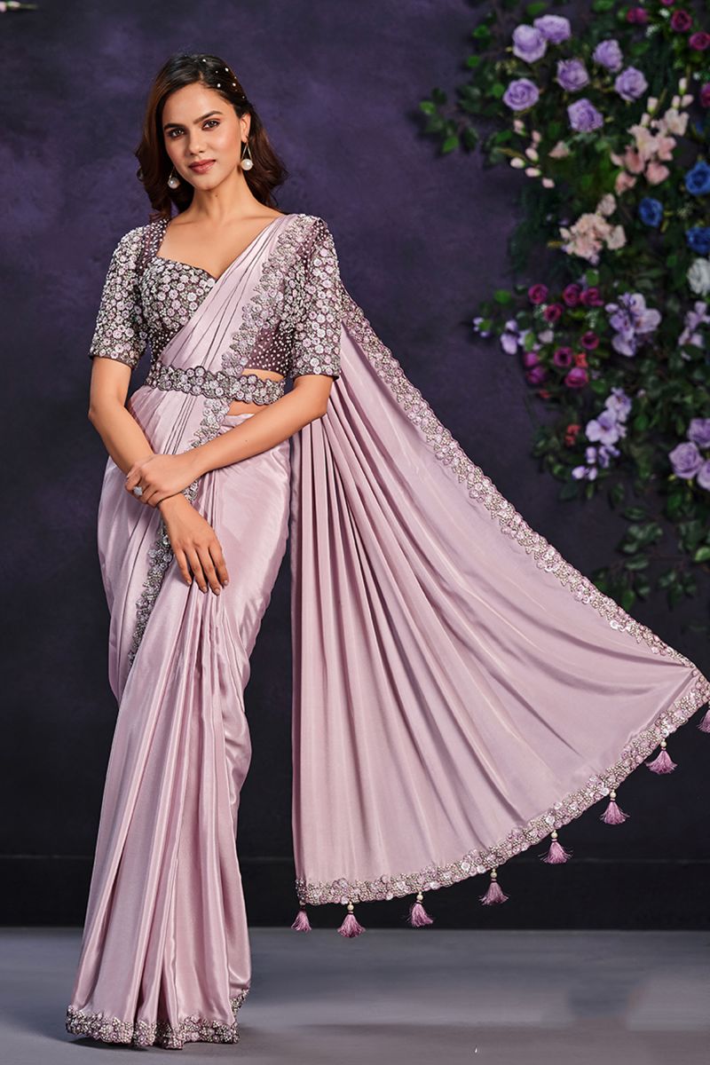 Border Work On Satin Silk Fabric Ready To Wear Saree In Lavender Color