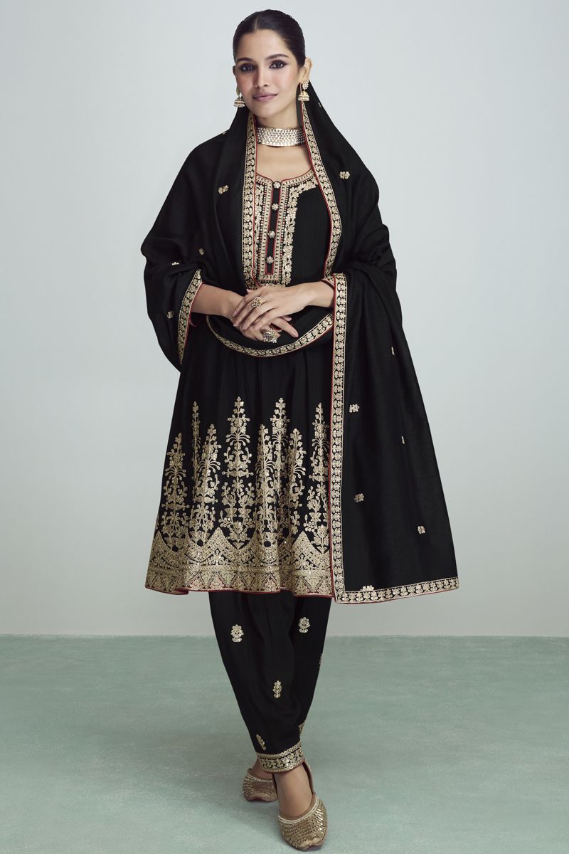 Embroidered Black Color Wedding Wear Readymade Designer Salwar Suit In Silk Fabric