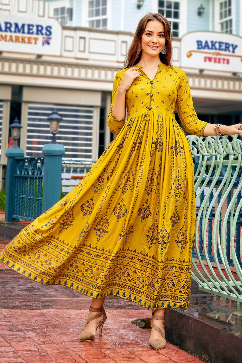 Printed Rayon Anarkali Style Kurti In Yellow Color