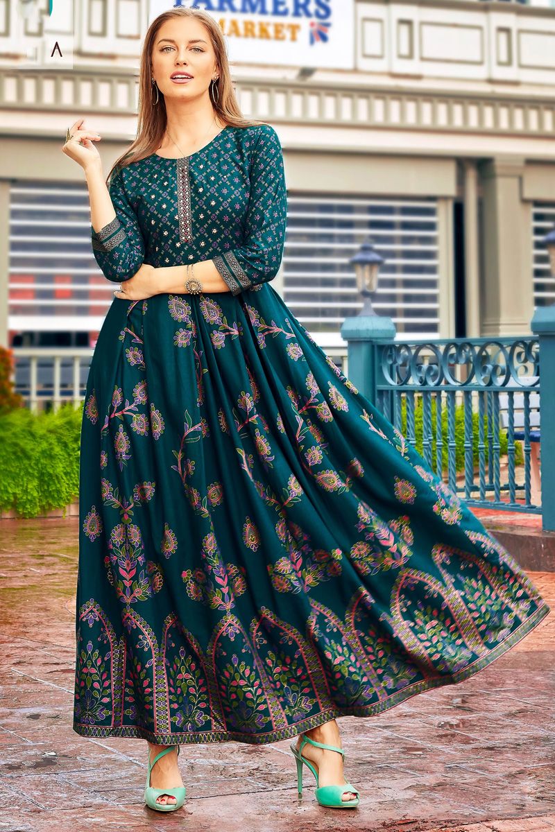 Teal Color Attractive Printed Rayon Anarkali Style Kurti