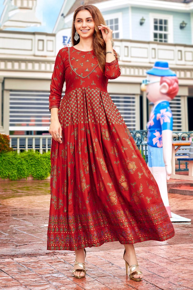 Printed Rayon Anarkali Style Kurti In Red Color