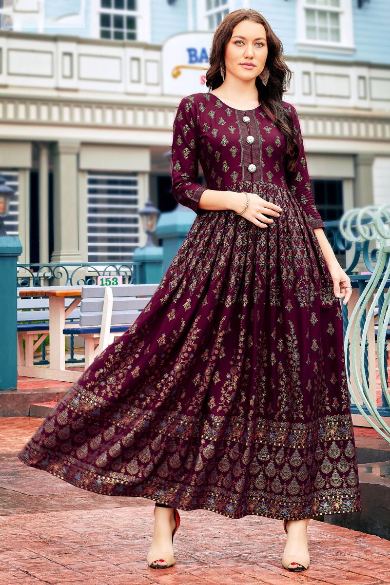 Burgundy Color Fantastic Printed Rayon Anarkali Style Kurti