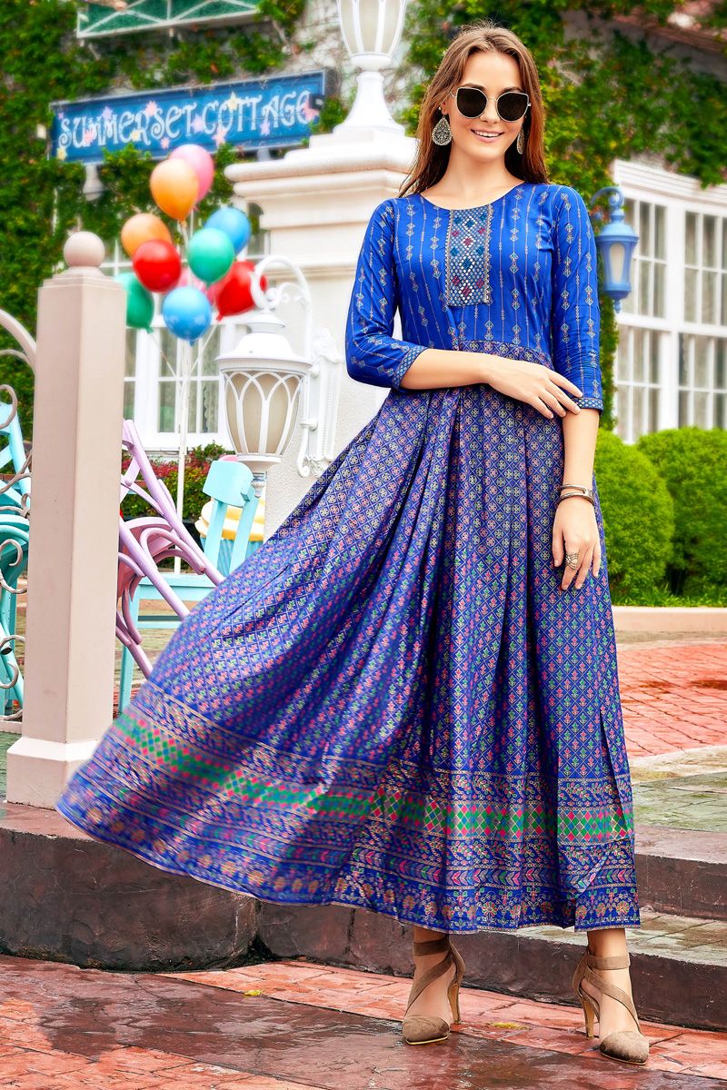 Blue Color Awesome Printed Rayon Anarkali Style Kurti