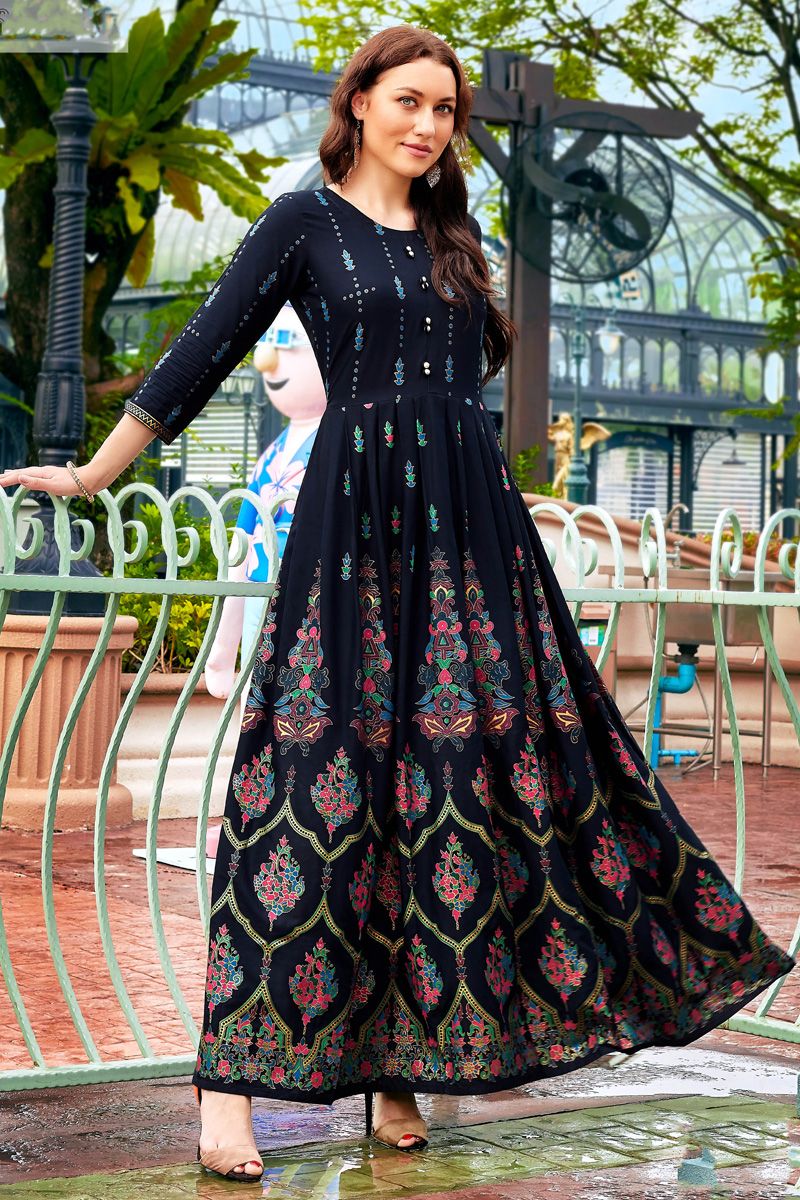 Printed Rayon Anarkali Style Kurti In Navy Blue Color