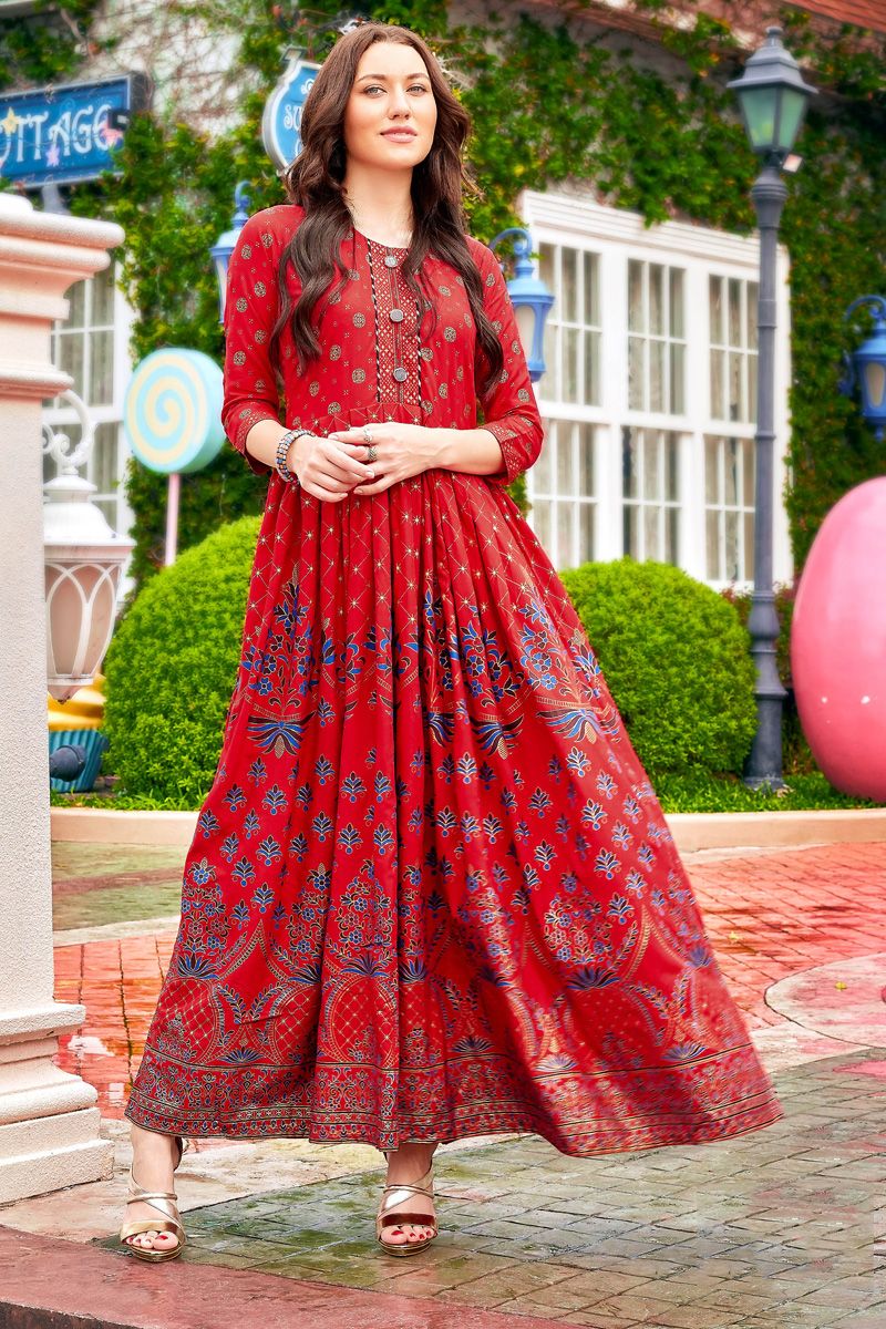 Red Color Ingenious Printed Rayon Anarkali Style Kurti