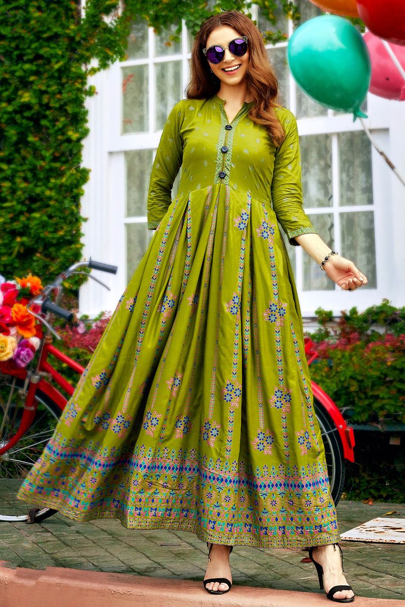 Green Color Enticing Printed Rayon Anarkali Style Kurti