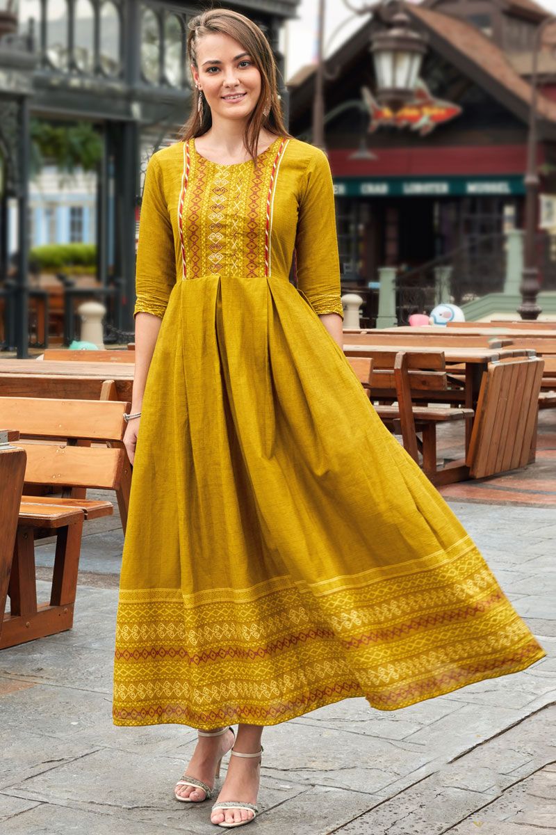 Cotton Readymade Kurti In Mustard Color