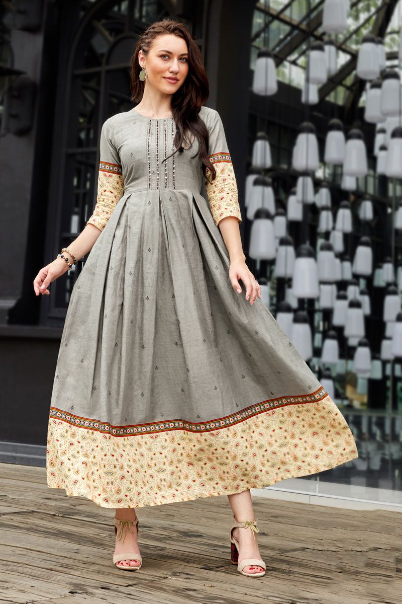 Cotton Readymade Kurti In Grey Color