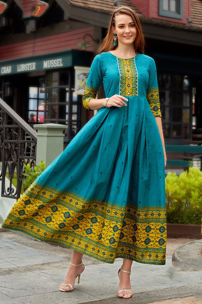 Cotton Readymade Kurti In Cyan Color