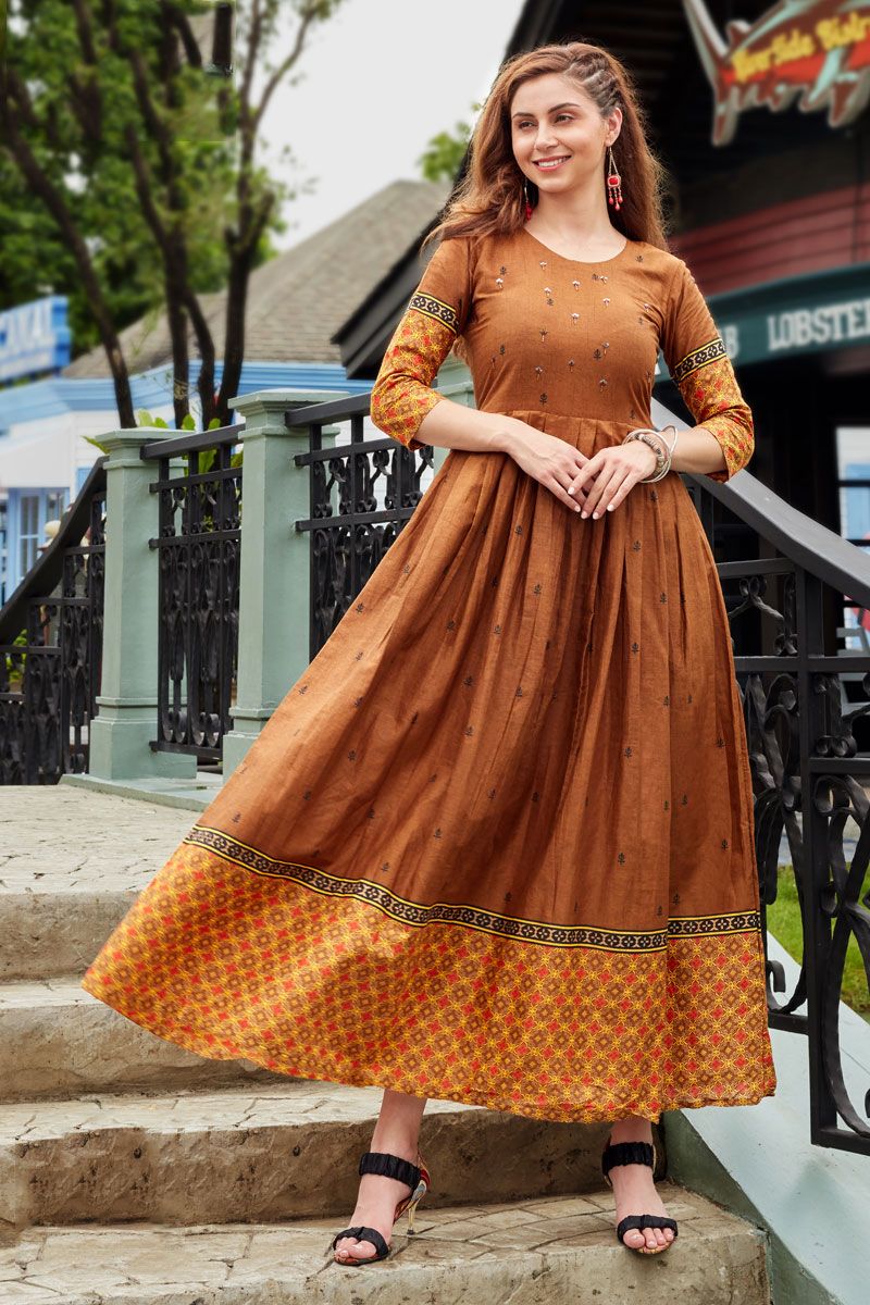 Cotton Brown Color Readymade Kurti