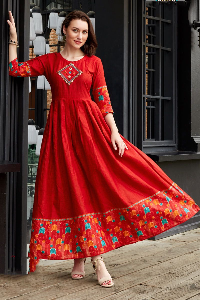 Red Color Cotton Fabric Fancy Printed Readymade Casual Kurti