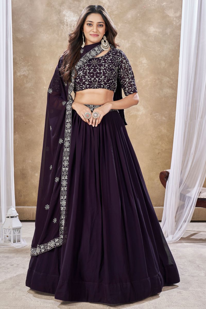 Sequins Work On Purple Color Georgette Fabric Trendy Lehenga