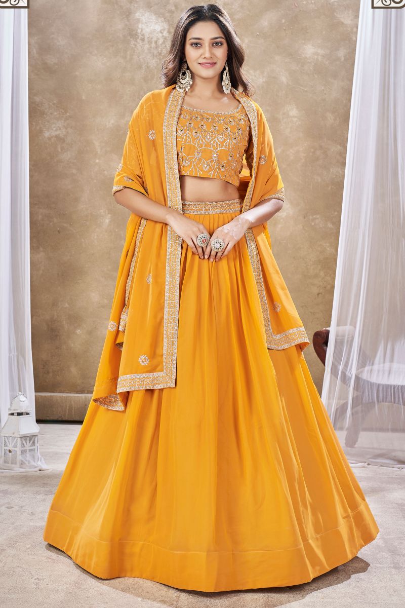 Yellow Color Sequins Work On Georgette Fabric Stunning Lehenga