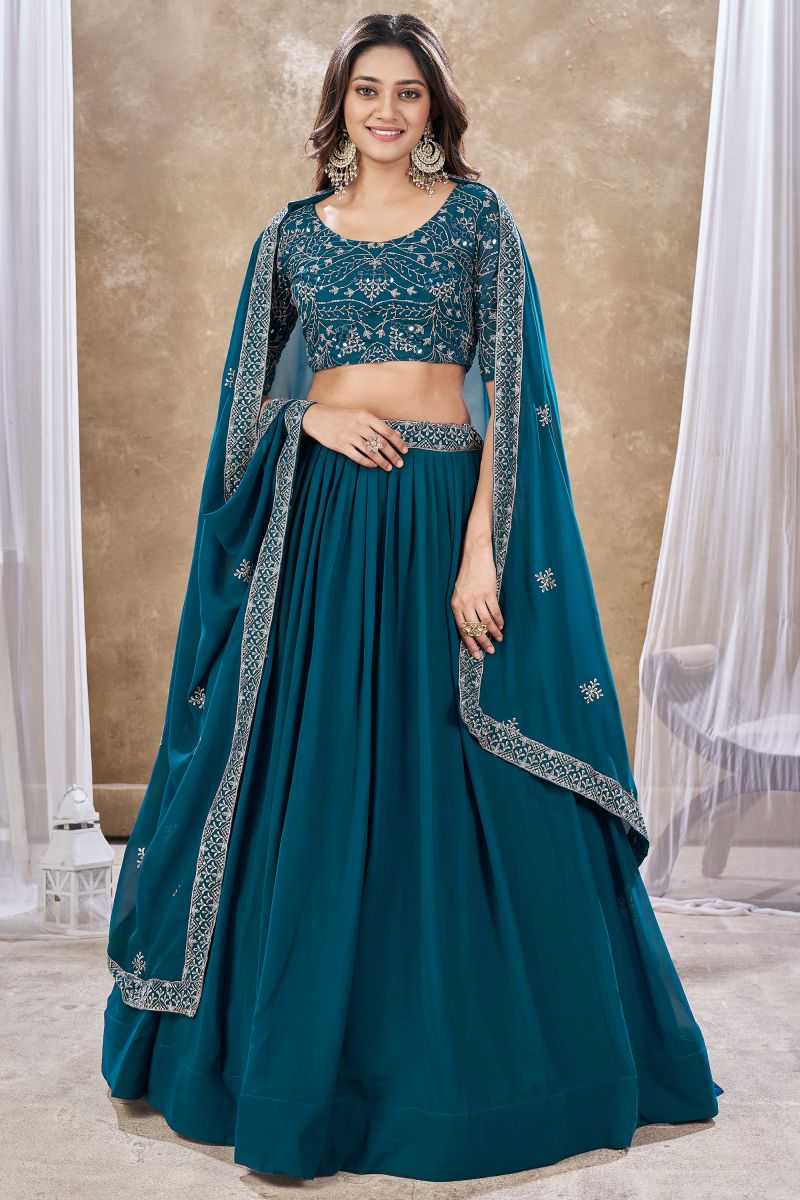 Beguiling Sequins Work On Teal Color Georgette Fabric Lehenga