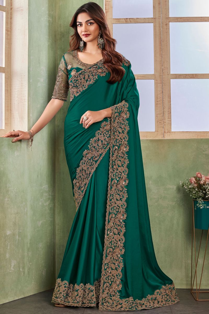 Silk Fabric Saree In Green Color With Border Work