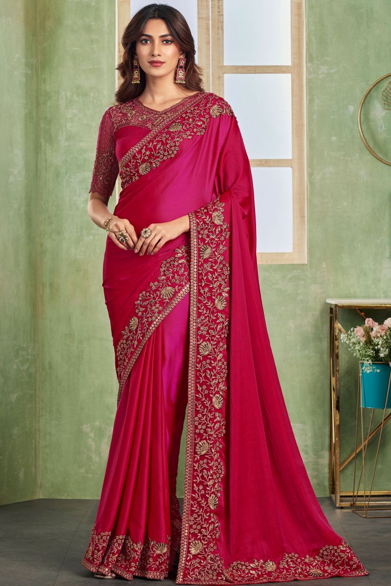 Red Color Silk Fabric Saree With Border Work