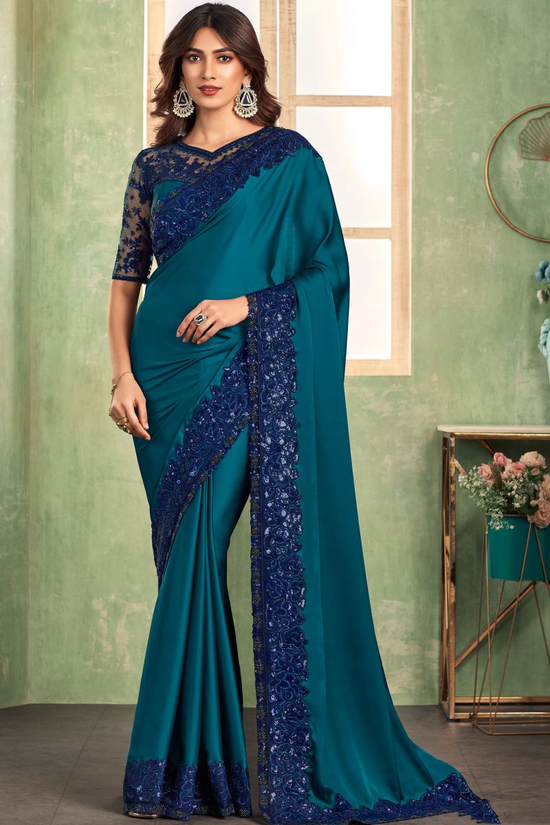 Border Work On Teal Blue Color Silk Fabric Saree