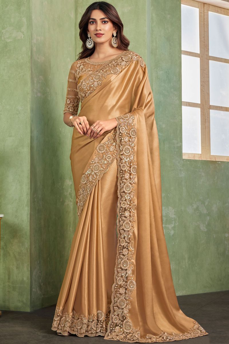 Satin Fabric Cream Color Saree With Border Work 