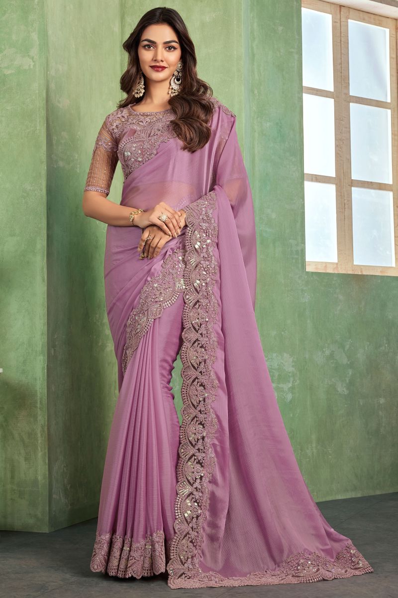 Lavender Color Border Work On Chiffon Fabric Beatific Saree