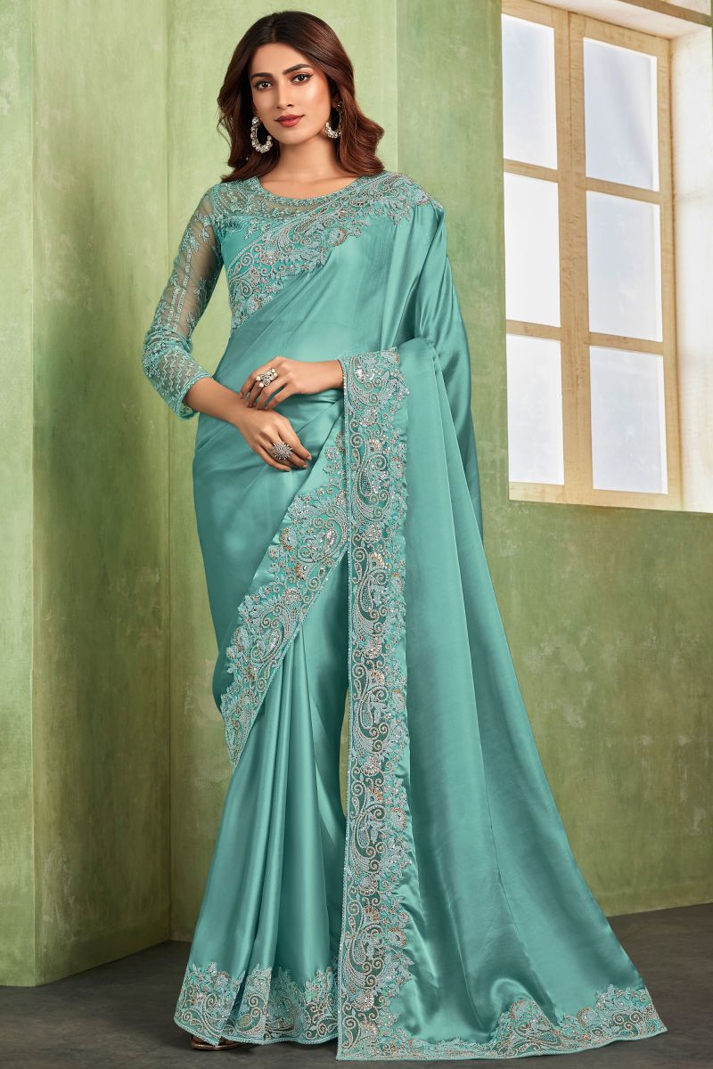 Border Work On Cyan Color Chiffon Fabric Saree