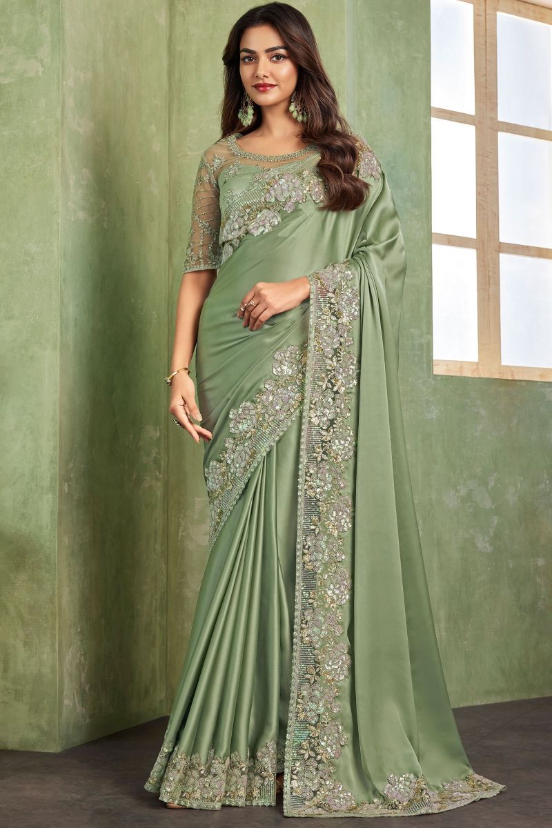 Border Work On Satin Fabric Sea Green Color Saree