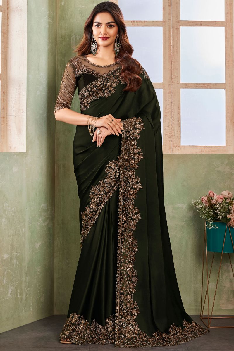 Satin Fabric Black Color Saree With Border Work