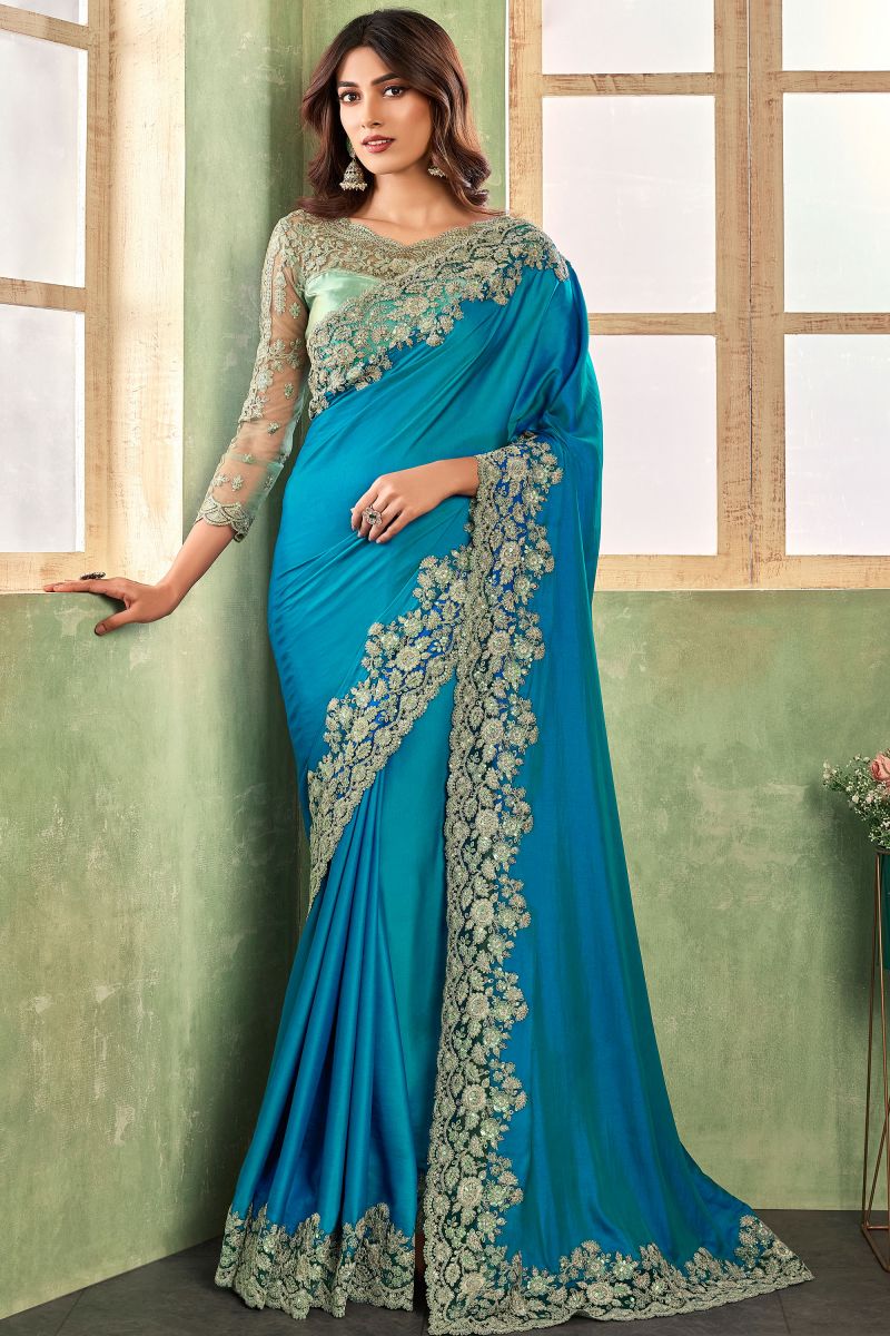 Engaging Sky Blue Color Silk Fabric Saree With Border Work