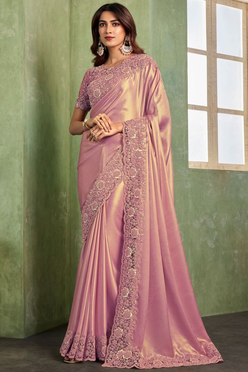 Border Work On Pink Color Saree In Satin Fabric