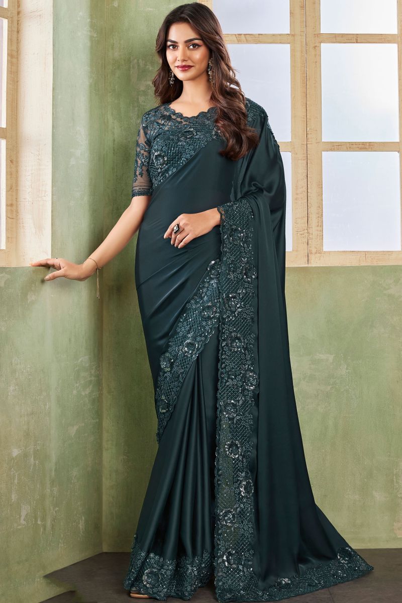 Silk Fabric Dark Green Color Saree With Winsome Border Work