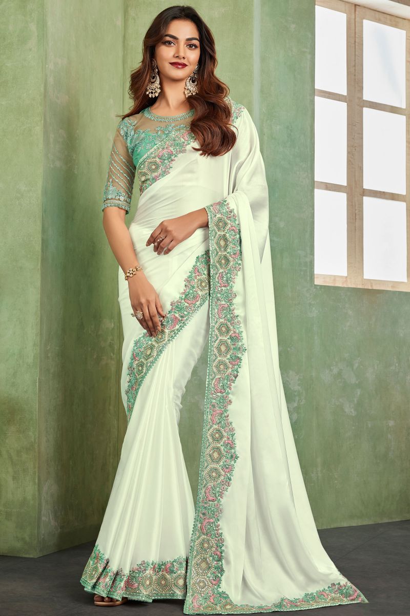 Border Work On Silk Fabric Saree In White Color