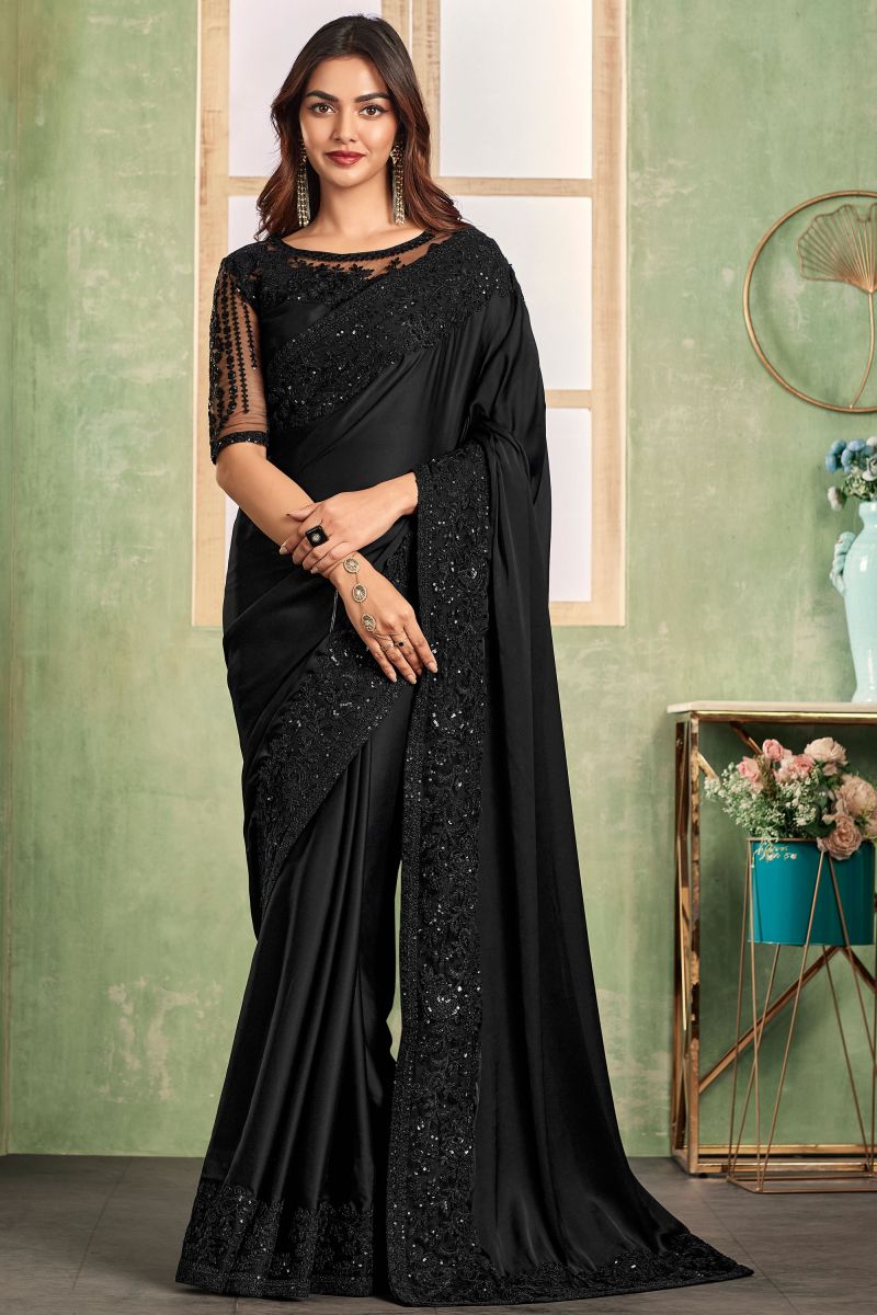 Black Color Silk Fabric Saree With Border Work