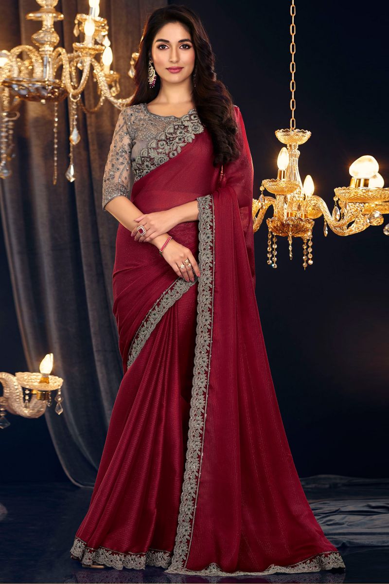 Georgette Fabric Maroon Color Pleasance Saree With Border Work