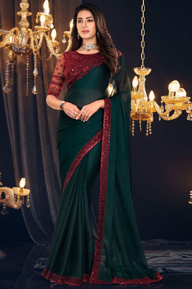 Border Work On Georgette Fabric Bewitching Saree In Green Color