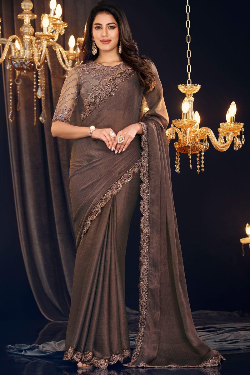 Beige Color Georgette Fabric Coveted Saree With Border Work