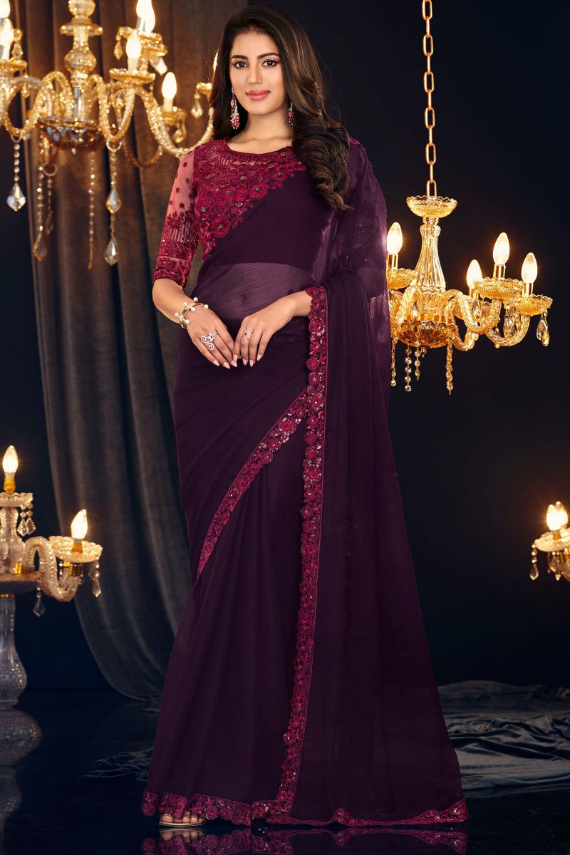 Georgette Fabric Purple Color Riveting Saree With Border Work