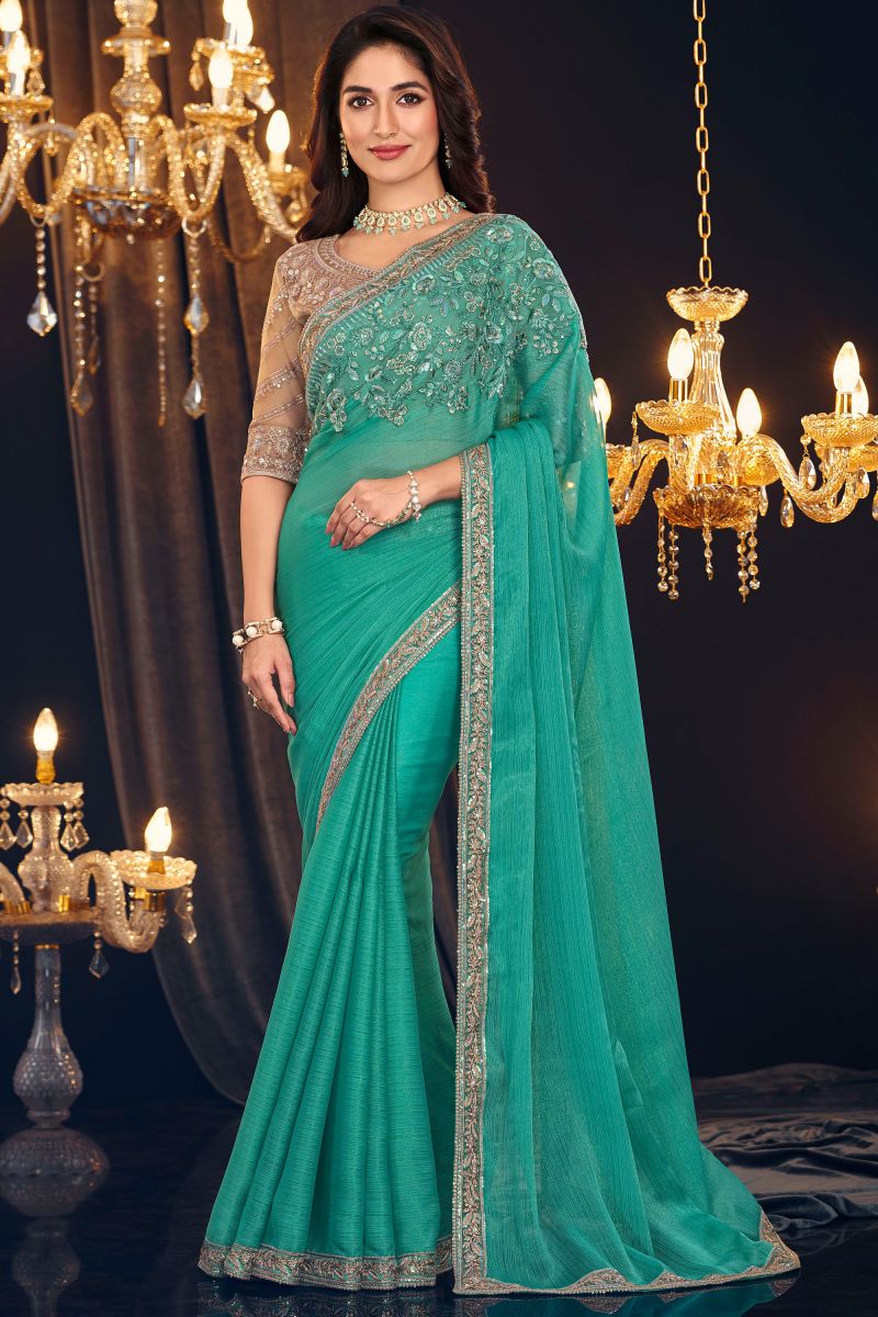 Georgette Fabric Cyan Color Excellent Saree With Border Work