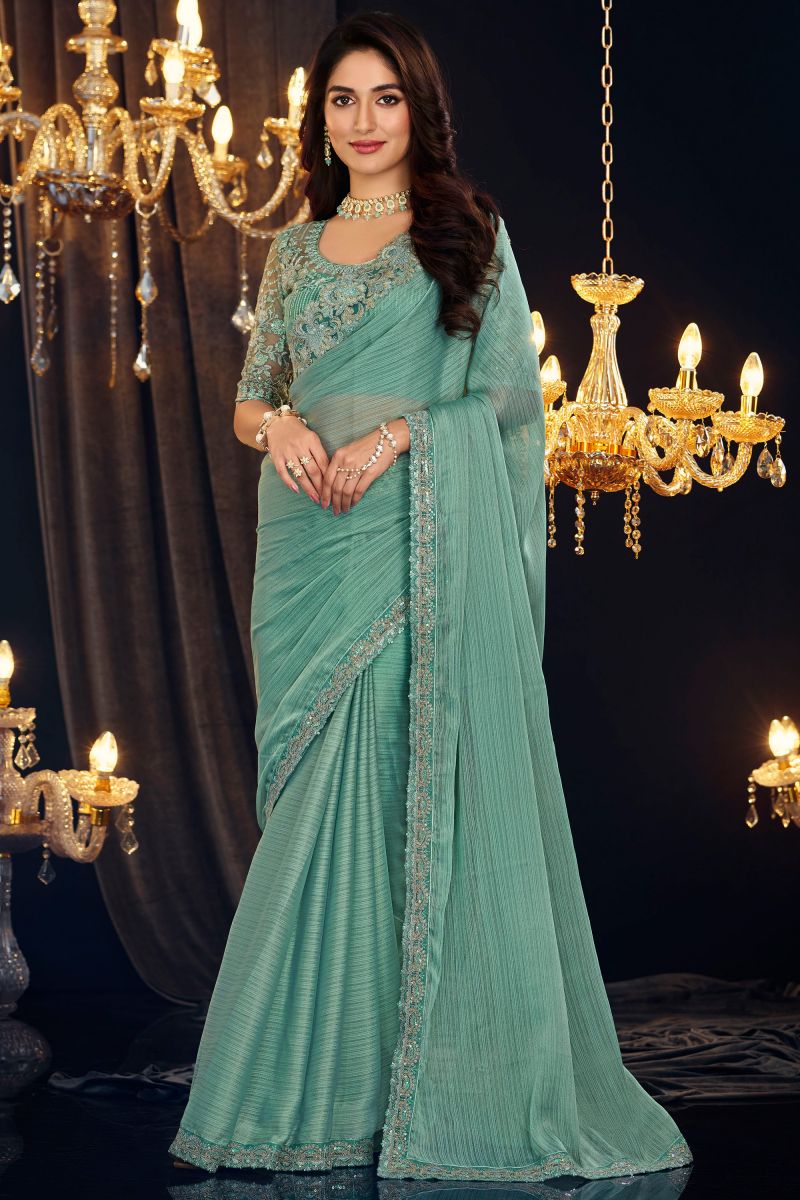 Georgette Fabric Light Cyan Color Patterned Saree With Border Work