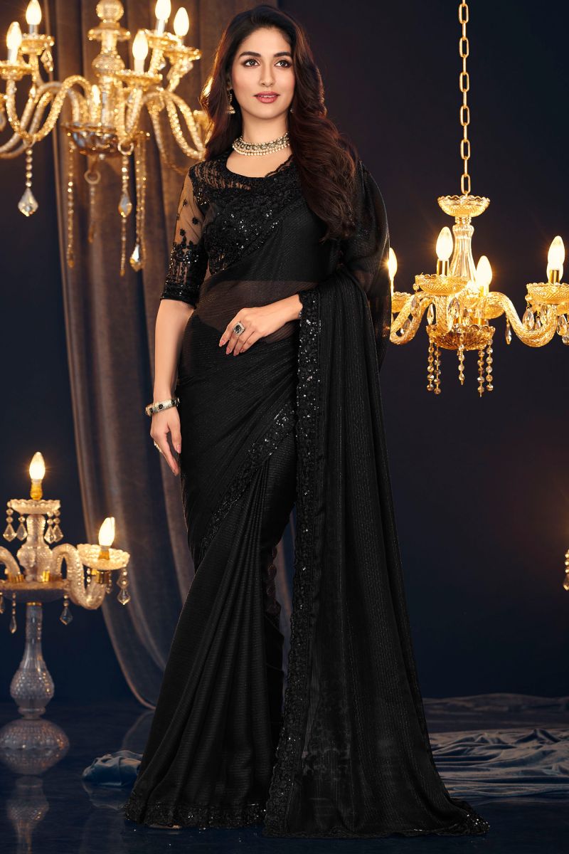 Black Color Georgette Fabric Engaging Saree With Border Work