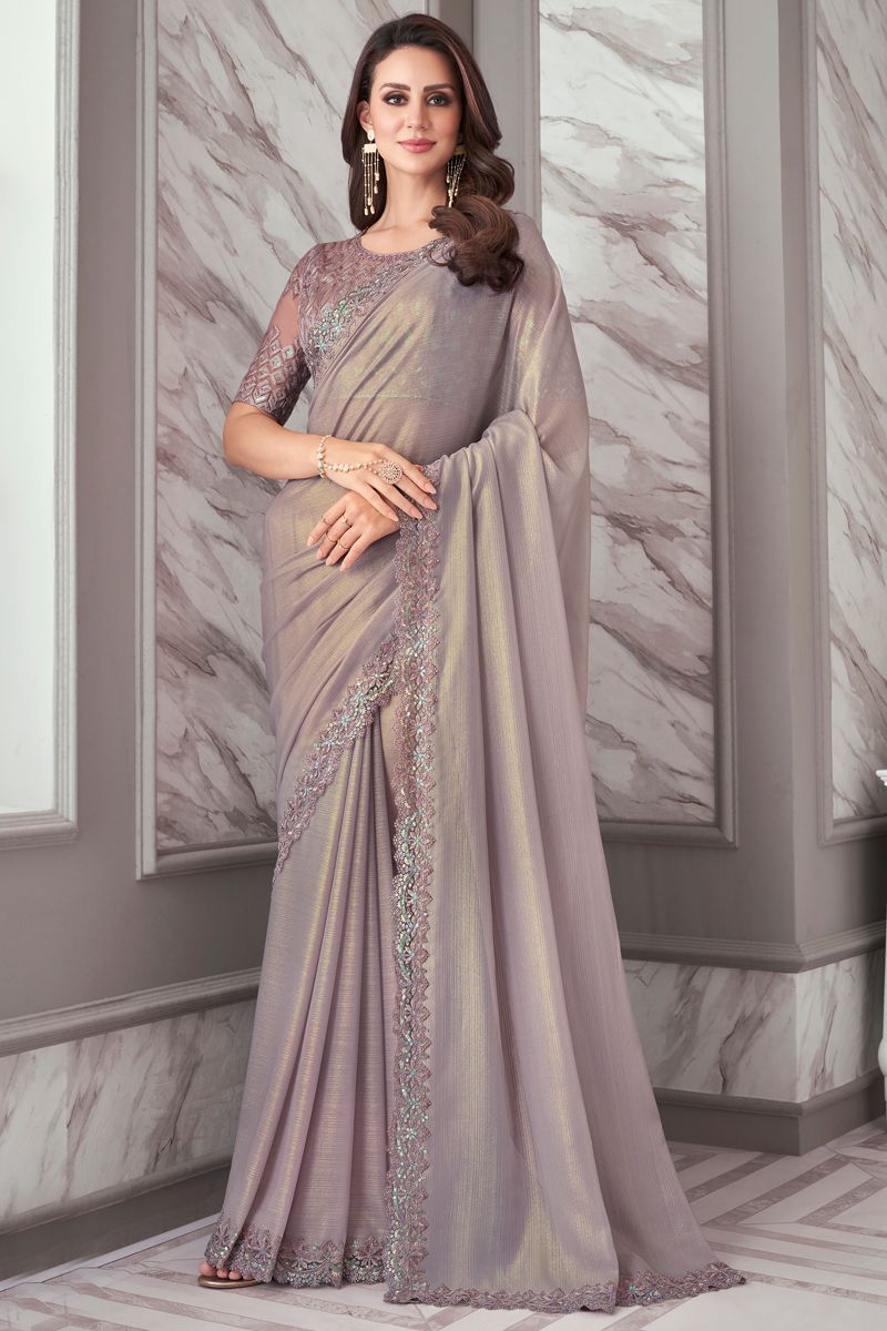 Glamorous Border Work Georgette Fabric Beige Color Saree