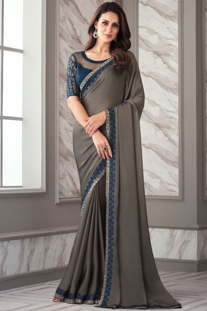 Charming Border Work Grey Color Satin Silk Fabric Saree