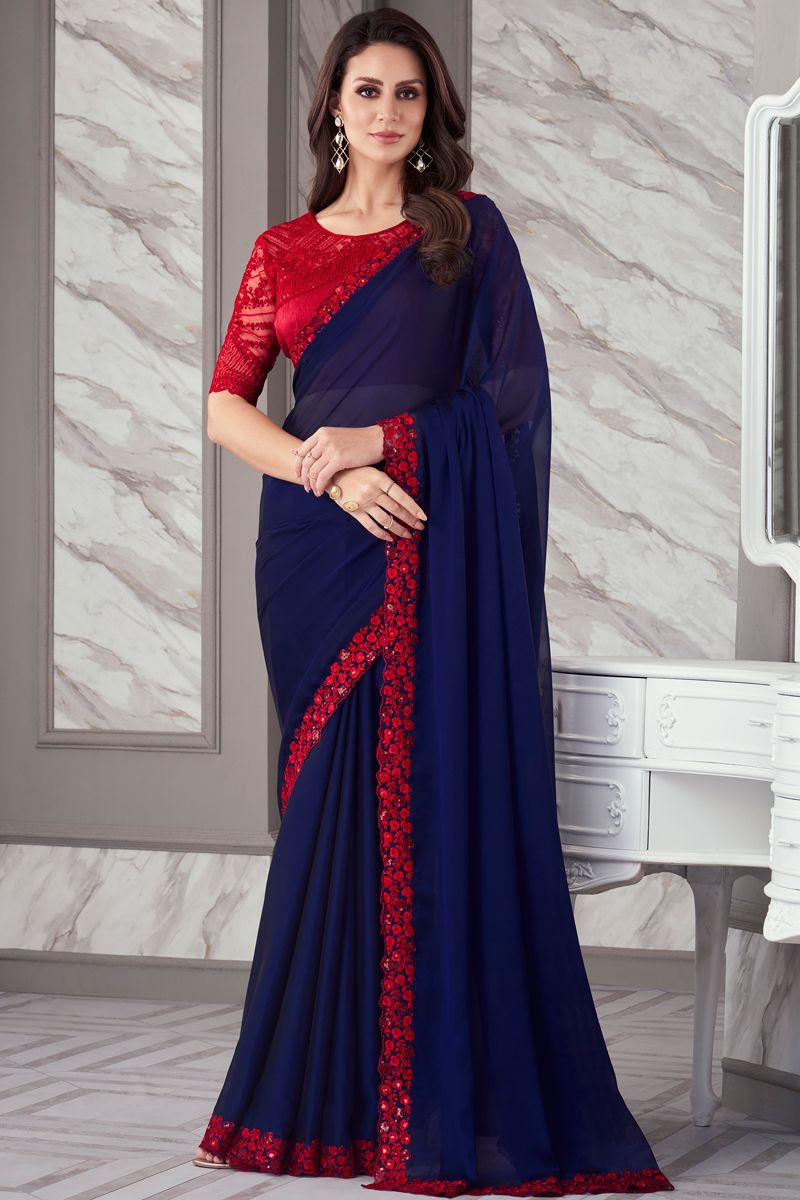 Blue Color Engaging Border Work Georgette Fabric Saree