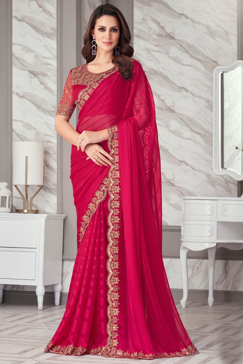 Glorious Border Work Rani Color Chiffon Fabric Saree