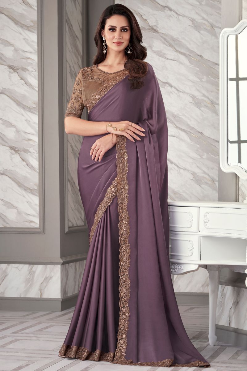 Gorgeous Border Work Satin Silk Fabric Lavender Color Saree