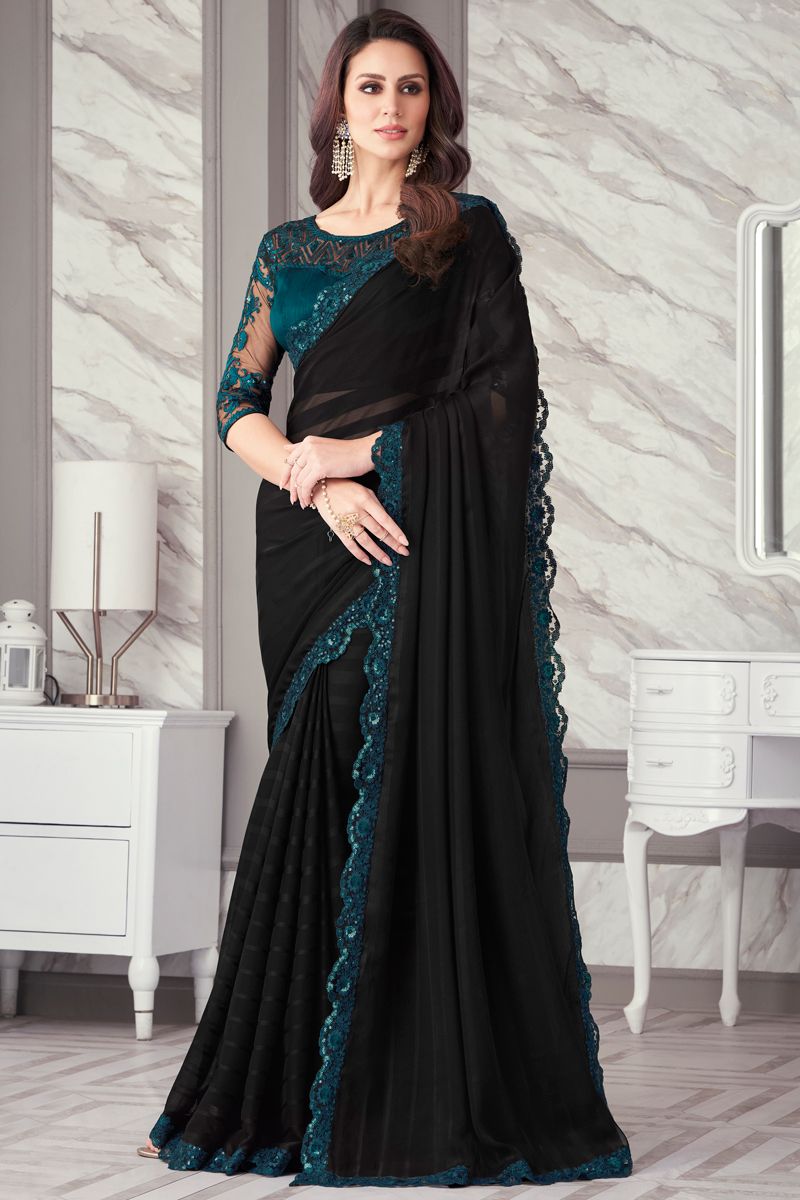 Chiffon Fabric Black Color Saree With Soothing Border Work