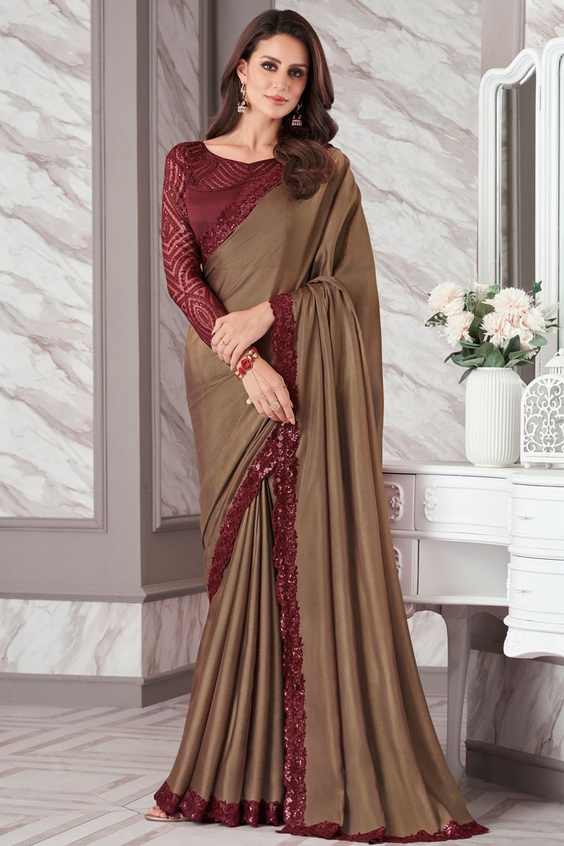 Brown Color Georgette Fabric Saree With Imposing Border Work