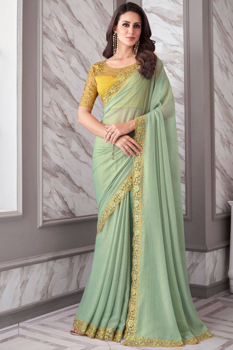 Chiffon Fabric Sea Green Color Saree With Blazing Border Work