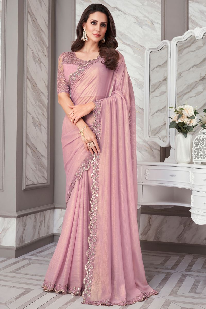 Graceful Border Work Georgette Fabric Peach Color Saree